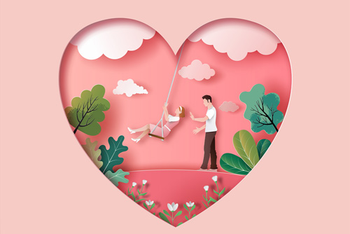 وکتور EPS لایه باز طرح گرافیکی و کاغذی مناسب روز ولنتاین شامل مرد و زنی در حال تاب بازی کردن در پارک